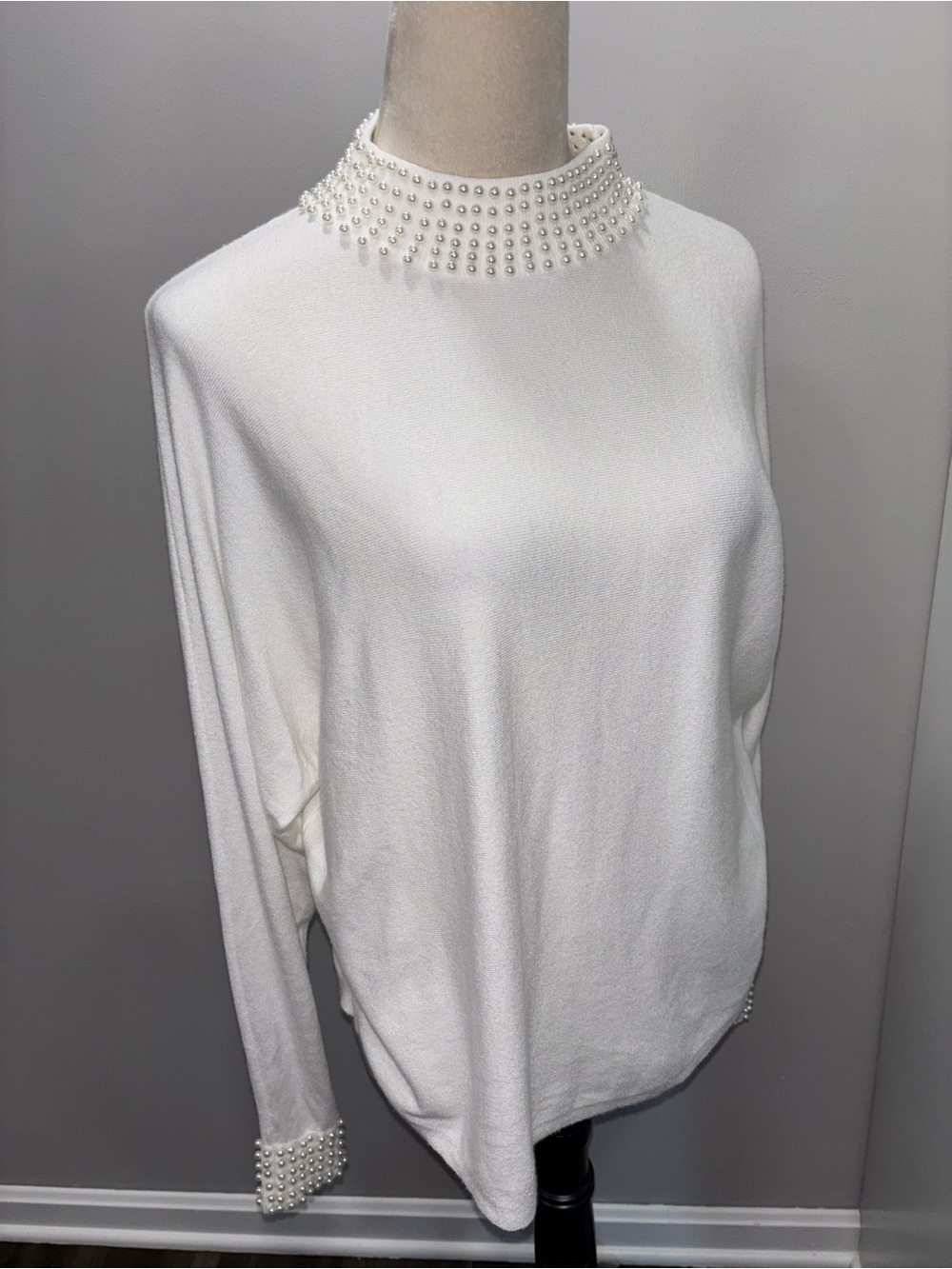LIV Milano Italian Pearl-Embellished White Mock Neck Women's Top
